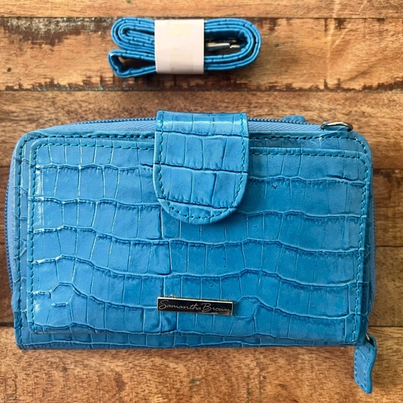 FREE Samantha HSN Travel Wallet/Cross Body Turquoise Blue Faux Croco RFID Block - Picture 2 of 10